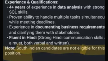 ഹിന്ദി പ്രാവീണ്യമാണ് വേണ്ടതെങ്കില്‍ അങ്ങനെ പറയണം, അല്ലാതെ ദക്ഷിണേന്ത്യക്കാര്‍ അപേക്ഷിക്കരുതെന്നല്ല, വൈറലായി ലിങ്ക്ഡ്ഇന്‍ ജോലി പരസ്യം
