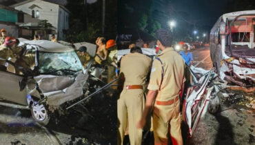 ശബരിമല തീര്‍ത്ഥാടകരുടെ ബസും കാറും കൂട്ടിയിടിച്ച് പത്തനംതിട്ടയില്‍ ഒരു കുടുംബത്തിലെ 4 പേര്‍ മരിച്ചു, അപകടം പുലര്‍ച്ചെ, മൃതദേഹങ്ങള്‍ പുറത്തെടുത്തത് കാര്‍ വെട്ടിപ്പൊളിച്ച്‌